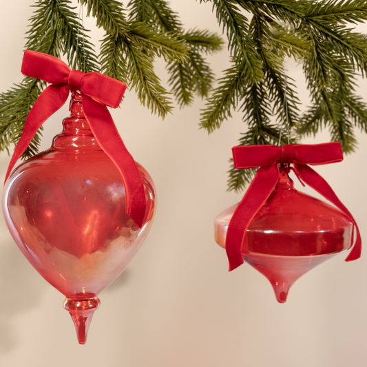 Shiny Red Finial Glass Ornament with Ribbon - Large