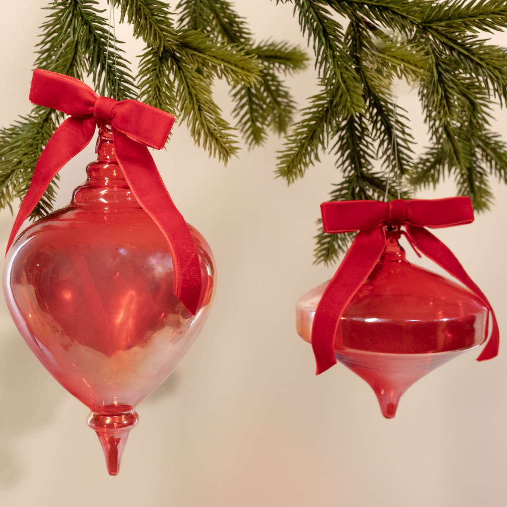 Shiny Red Finial Glass Ornament with Ribbon - Medium