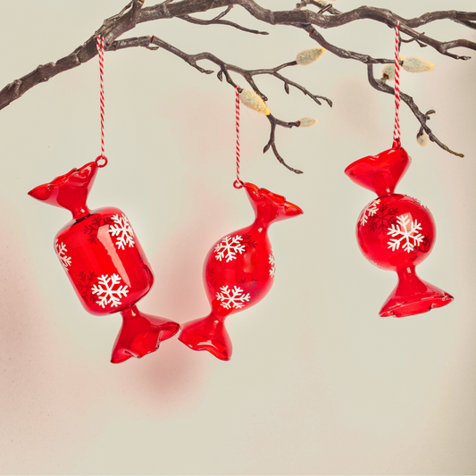 3 Piece Snowflake Red Candy Glass Ornament Set