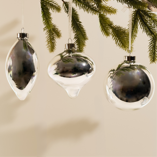 3 Piece Silver Reflective Glass Bauble Set