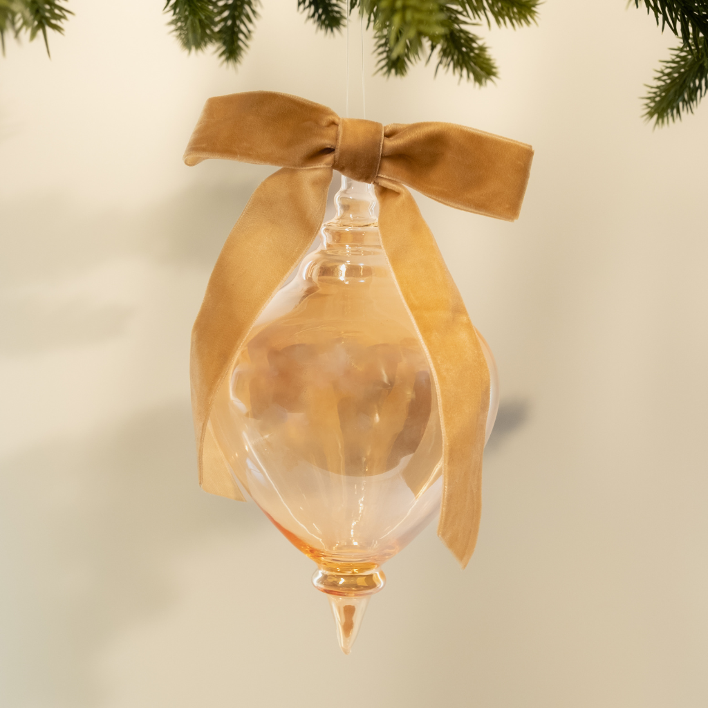 Champaigne Gold Finial Glass Ornament with Ribbon - Large