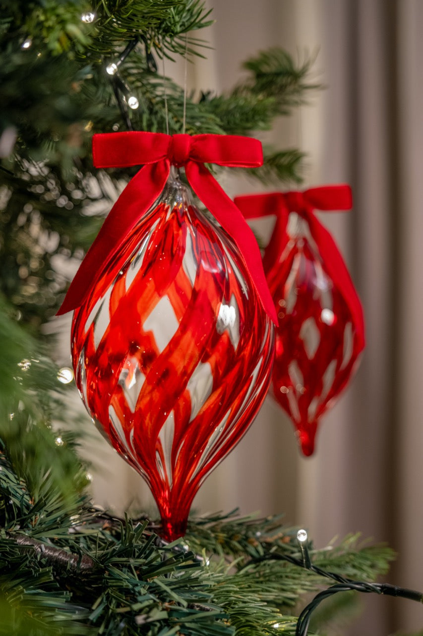 Red Swirl Glass Ornament with Ribbon - Large