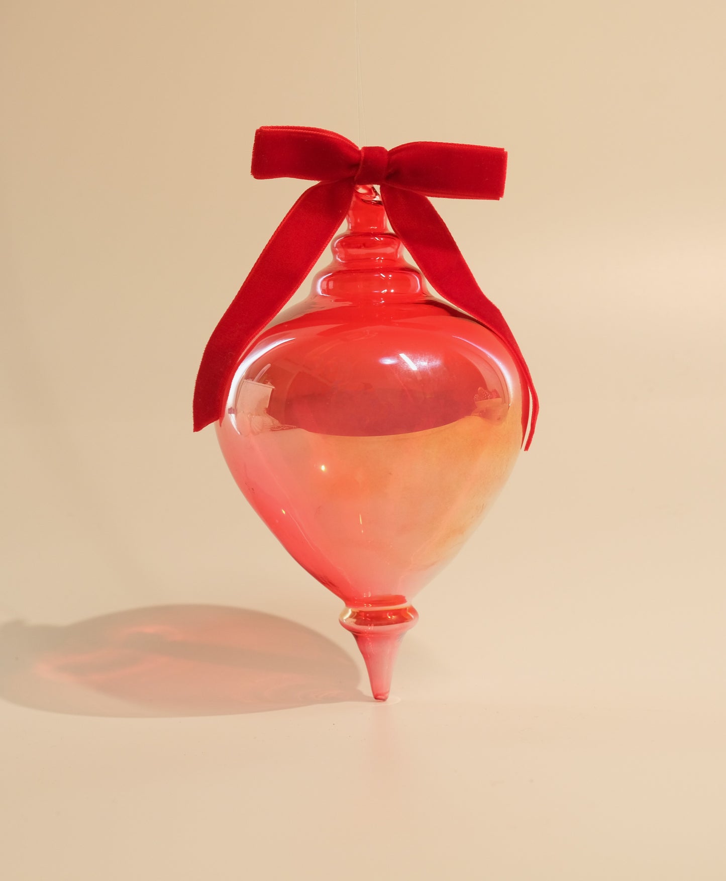 Shiny Red Finial Glass Ornament with Ribbon - Large