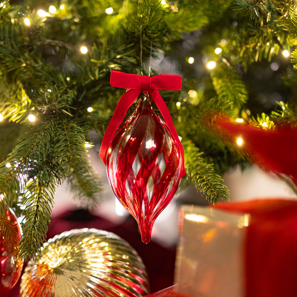 Red Swirl Glass Ornament with Ribbon - Large